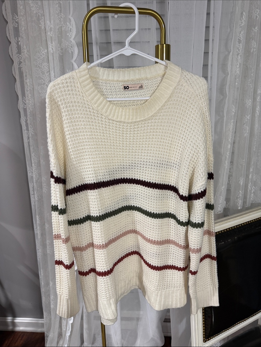 SO Cream Waffle-Knit Crewneck Sweater with Burgundy, Green & Blush Stripes
